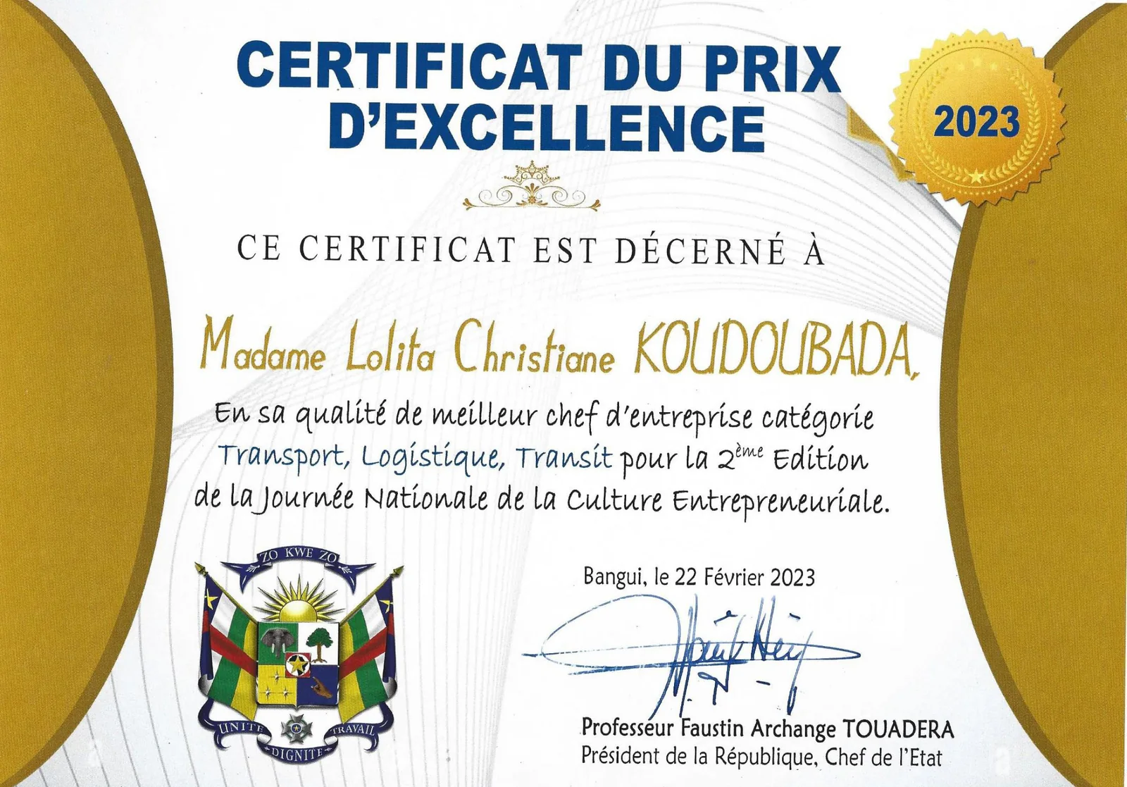 Certificat du Prix d’Excellence 2023
