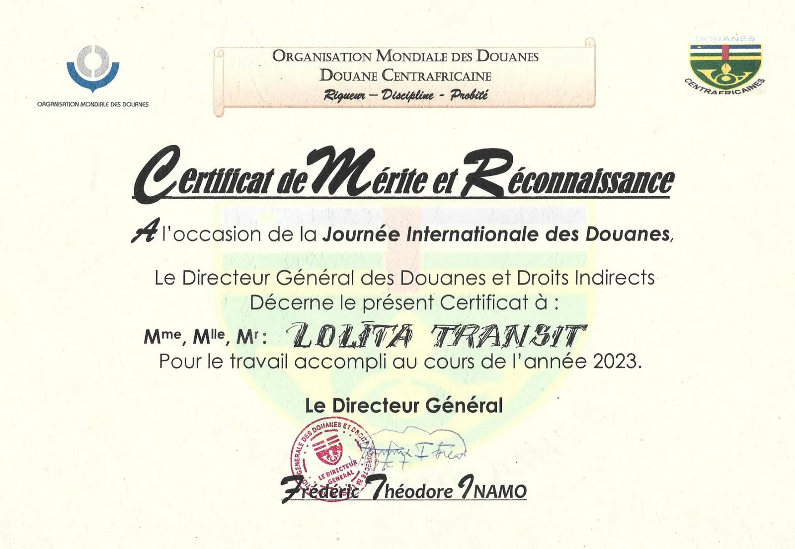 Certificat de Mérite et de Reconnaissance obtenu en 2023